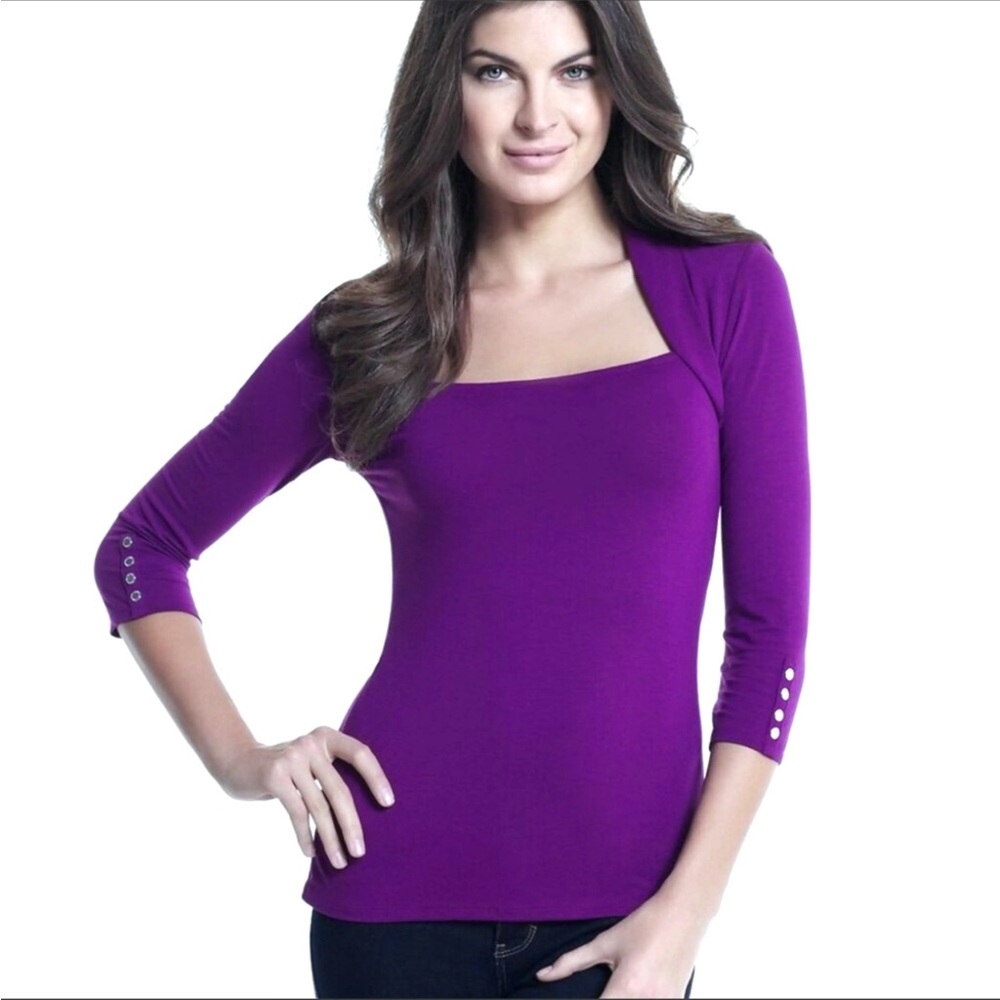 White House Black Market purple long sleeve faux bolero work blouse soft top | S